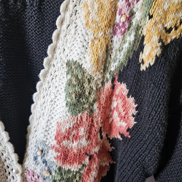 Marisa Christina Black Cardigan with Floral Embroidery Hand Knit - Picture 2 of 5
